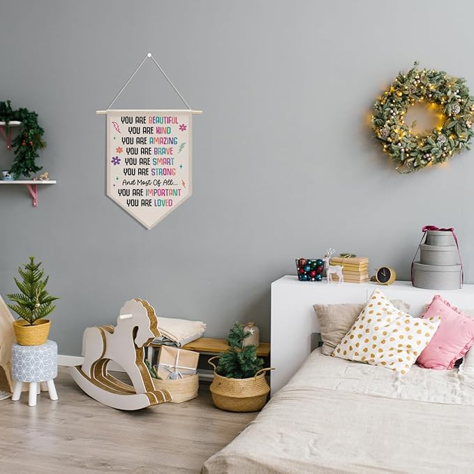 Aesthetic Wall Decor Girls Room Decor Boho Rainbow Wall Art Signs Canvas Hanging Pennant Flag Banner Wall Sign Decor Gift for Nursery Bedroom Playroom Game Room Front Door