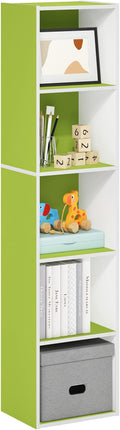 Furinno PASIR Book Shelf, 5-Tier Modern Bookshelf, Open Shelves Bookcase 9" x 12" x 52", for Living Room, Bedroom, Home Office, Green/White