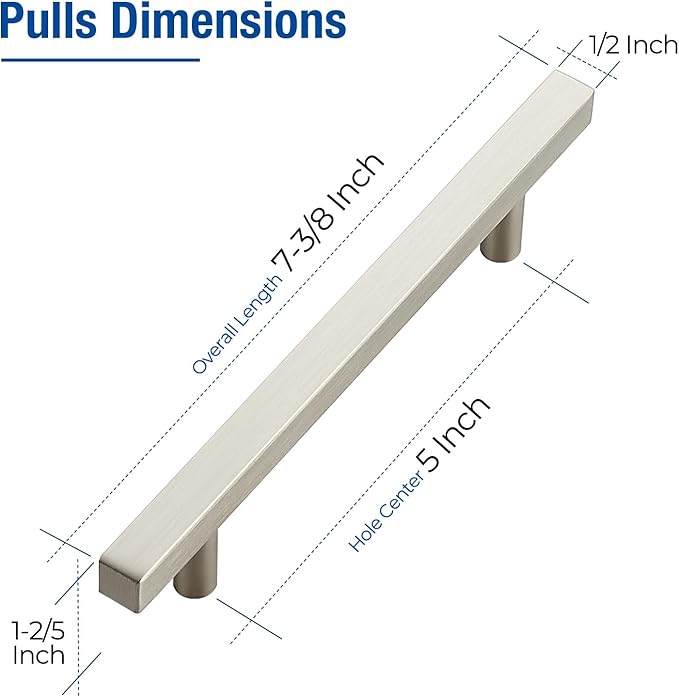 JOY DECOR 30 Pack 5 Inch Brushed Nickel Square Cabinet Handles Stainless Steel Cabinet Hardware Pulls for Kitchen and Drawers with 7-3/8 Inch Overall Length
