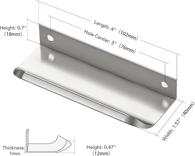 Ravinte Hardware 12 Pack Silver Cabinet Handles, 4 Inch (102mm) Finger Edge Pulls, 3 Inch Hole Center, Finger Pulls for Cabinets