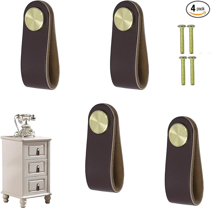 Leather Drawer Pulls and Knobs Soft Cabinet Handles Modern Cabinets Door Knob for Furniture Cupboards Wardrobe Dresser Decorative Handle with Screw 4 Pcs (Dark Brown)