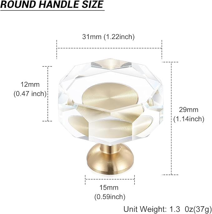 2-Pack 1-1/4-Inch White Cabinet Glass Crystal Patterned knob Brass Drawer Dresser Pulls, Gold Hardware Kitchen Closet knobs for Bifold Doors