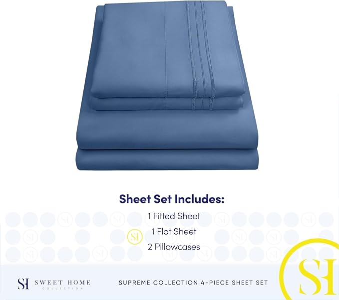 1800 Supreme Collection - Breathable Luxury California King Sheet Set with Full Elastic & Secure Corner Straps Built In - Cal King Deep Pocket Denim Bedding Set