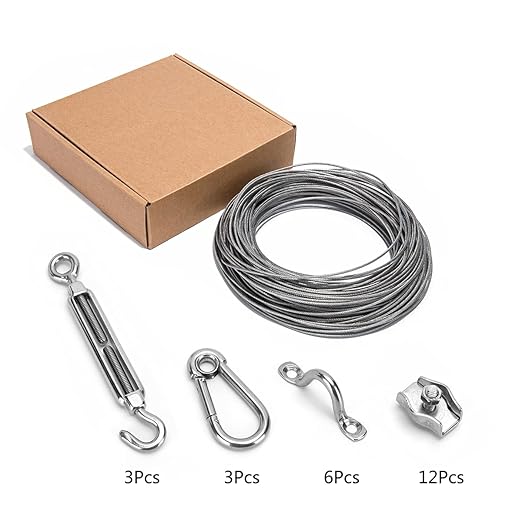 Globe String Light Suspension Kit, Outdoor Light Guide Wire, Vinyl Coated Stainless Steel Steel Cable，Include 150ft Transparent PVC and 304 Stainless Steel Wire Cable, Turnbuckle and Hooks