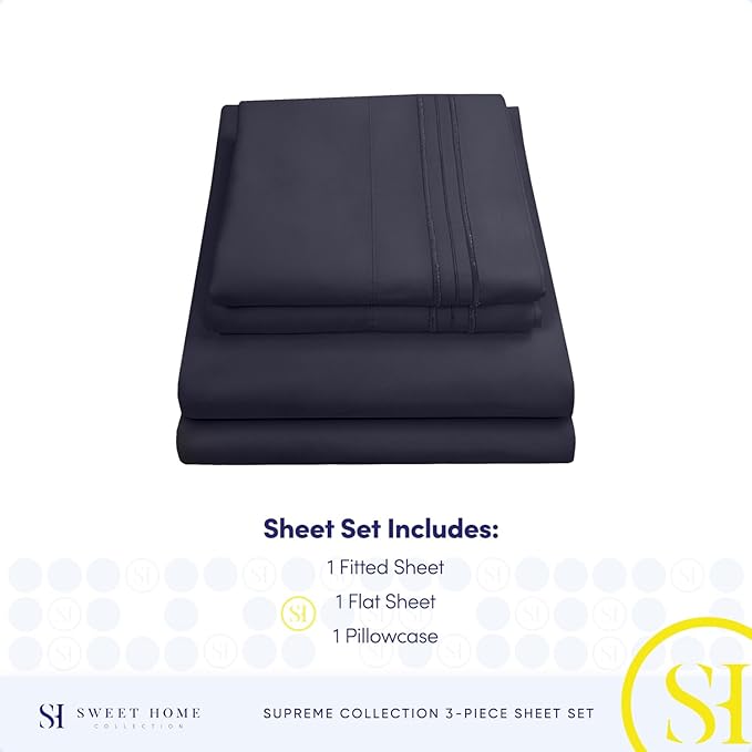 Twin XL Sheets - Breathable Luxury Sheets with Full Elastic & Secure Corner Straps Built In - 1800 Supreme Collection Extra Soft Deep Pocket Bedding Set, Sheet Set, Twin XL, Navy