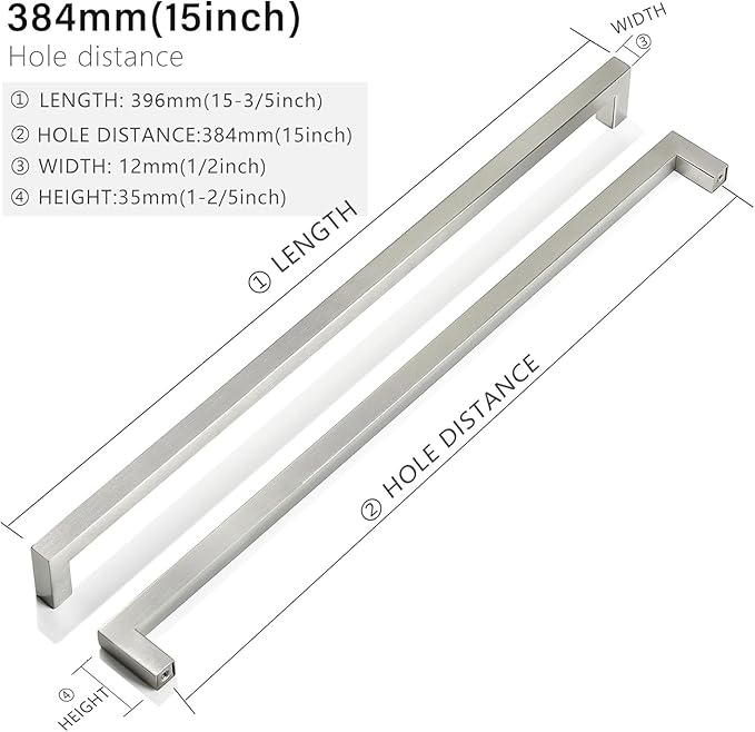 Cabinet Pulls Brushed Nickel Cabinet Handles Square Drawer Pulls, 2 Pack 15 Inch Stainless Steel Kitchen Door Cupboard Cabinet Handles, Cabinet Hardware Drawer Handles, 384mm Hole Centers
