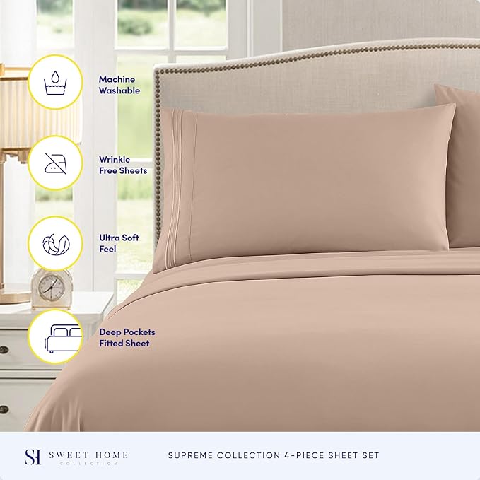 RV Queen Bed Sheets - Breathable Luxury Sheets with Full Elastic & Secure Corner Straps Built In - 1800 Supreme Collection Extra Soft Deep Pocket Bedding Set, Sheet Set, RV Short Queen, Taupe