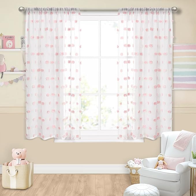 MYSKY HOME Pink Pom Pom Curtains for Living Room Nursery White Sheer Curtains for Girls Bedroom 63 Inch Length Long Window Curtains for Kids Room 2 Pieces Rod Pocket Farmhouse Window Drapes 37" x 63"