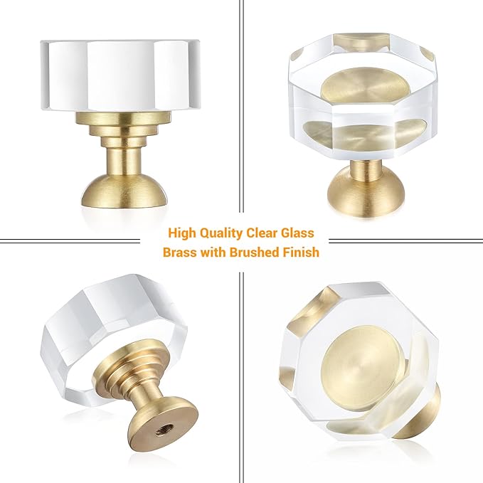 2-Pack 1-1/4-Inch Gold knob Dresser knobs White Cabinet Glass Crystal knobs Brass Drawer Polygonal Dresser Pulls, Drawer pulls
