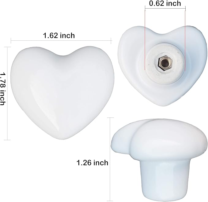 Ceramic Drawer Knobs Heart Shape Cabinet Dresser Pulls Handles with 3 Sized Screws, Kitchen Furniture Knobs for Closet Cupboard Wardrobe (6 Pack, White)