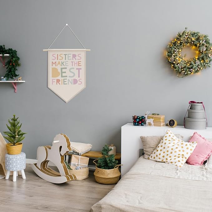 Cute Girl Decor Canvas Banner, Girls Room Decor, Flags for Bedroom Girls, Bedroom Playroom Wall Art Decorations, Boho Twin Sign, Siblings Room Hanging Pennant Flag Banner