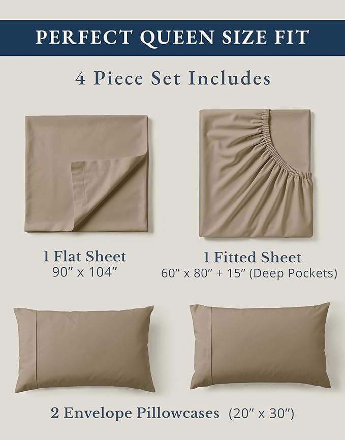 LANE LINEN 100% Organic Cotton Sheets Set Pure Long- Staple Percale Weave - Bedding for Bed Fits Mattress Upto 15" Deep Pocket (Queen Taupe)