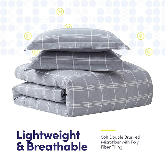 7 Piece Comforter Set Bag Solid Color All Season Soft Down Alternative Blanket & Luxurious Microfiber Bed Sheets, Full, Gray Plaid