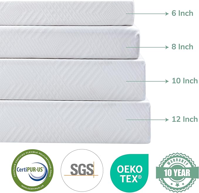 EGO White 10 inch Queen Memory Foam Mattress, Cooling Gel Green Tea Mattress Bed in a Box, CertiPUR-US Certified, Double Mattress, 60"×80", Medium Firm