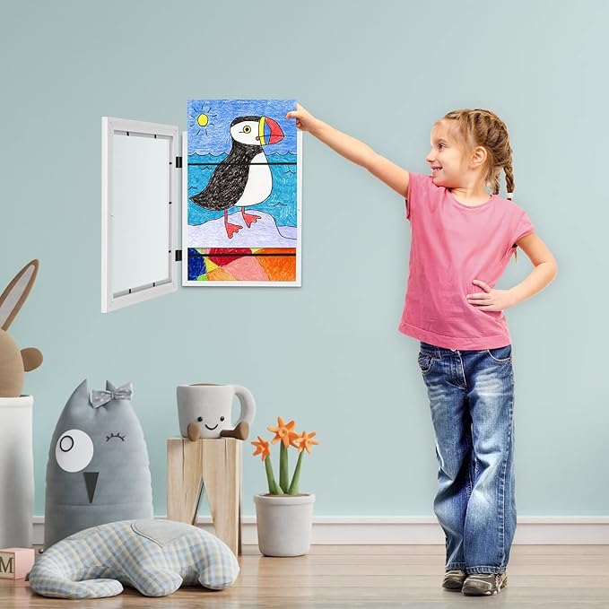 [3Pack] Kids Art Frames, 9x12 Front Opening Kids Artwork Frames Changeable, White Artwork Display Storage Frame for Wall, Holds 50 Pcs, for 3D Picture, Crafts, Children Drawing, Hanging Art, Portfolio
