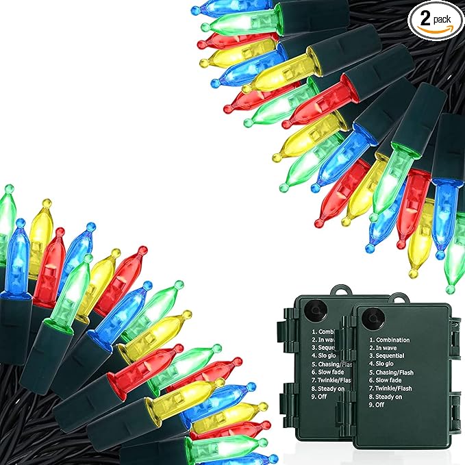 KOUQIYA Battery Operated Christmas Lights, 2 Set of 17ft 50 LED Mini String Light with Auto-Timer 8 Modes Waterproof Tree Lights (Multicolor, 50 LEDs x 2 Pack)