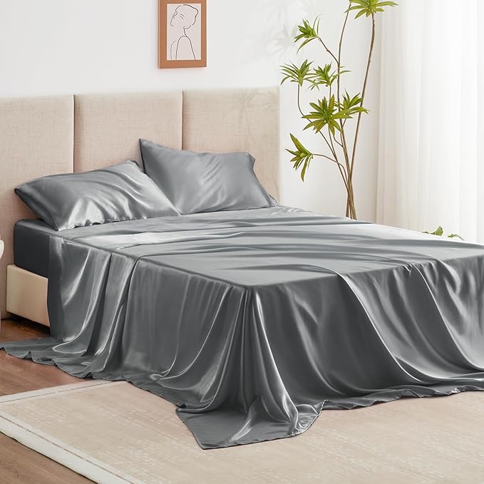 Love's cabin Twin Satin Sheet Sets - 3 Piece Dark Grey Silky Bed Sheets with Deep Pockets, Luxury Silk Feel Satin Twin Size Sheet Set Bedding Set (1 Flat Sheet,1 Fitted Sheet,1 Pillow case)
