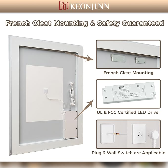 Keonjinn Bathroom LED Mirror 30 x 30 Inch Frontlit and Backlit, Tempered Glass Stepless 3 Colors Temperature & Dimmable Square Wall Mirror, UL Listed LED Driver, Double LED Strips, Anti-Fog