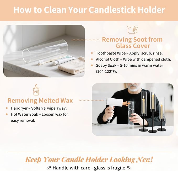 NUPTIO Hurricane Glass Candle Holders: 6 Pcs Black Metal Candlestick Tapered Holder with Clear Chimney Covers Bottomless Tall Modern Taper Candles Stick Cylinder Stand for Halloween Fireplace Decor