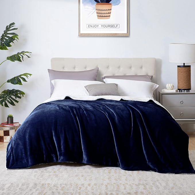 Walensee Sherpa Fleece Blanket (Throw Size 50”x60” Navy) Plush Throw Fuzzy Super Soft Reversible Microfiber Flannel Blankets for Couch, Bed, Sofa Ultra Luxurious Warm and Cozy for All Seasons