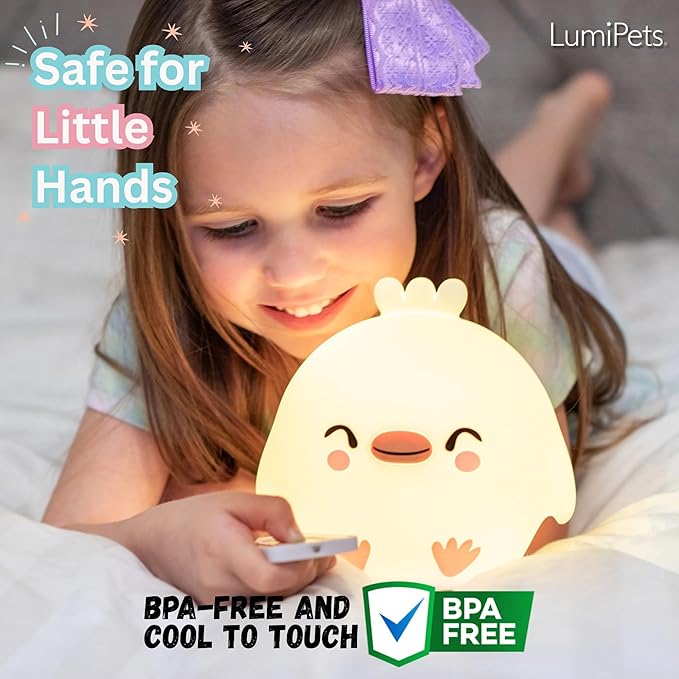 Lumipets Clara The Chick Squishy Silicone Night Light for Kids | Cute Night Light with Remote & Touch Control for Baby & Toddler Bedrooms | Color Changing Portable Animal Nightlight | Soft Mood Lamp
