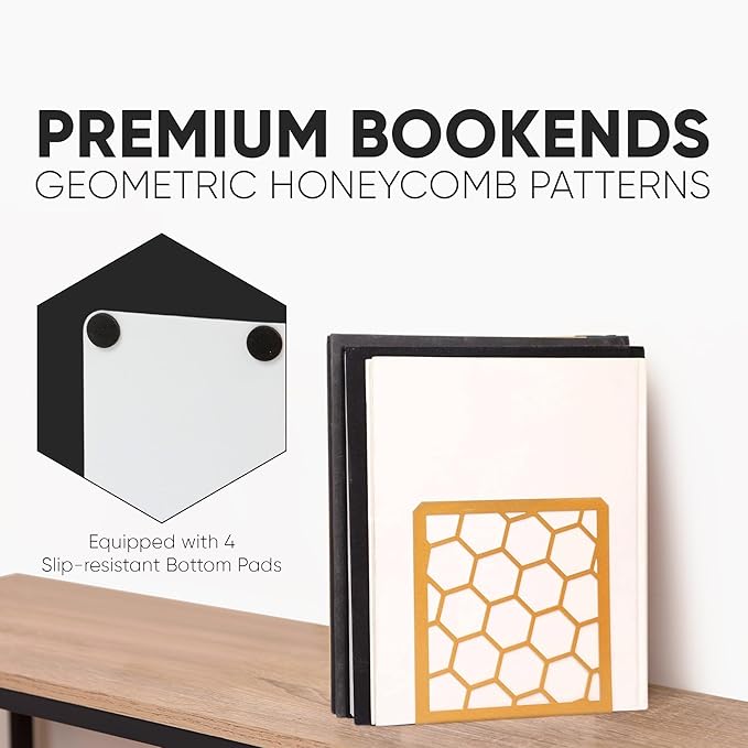 GEOMOD Geometric Honeycomb Gold Metal Bookends Decorative - Tall Sturdy Book Ends for Shelves - Modern Heavy Duty Bookend Stopper - Office or Home Book Shelf Book Holder - 6x3.25x6.25 Inches - 1 Pair