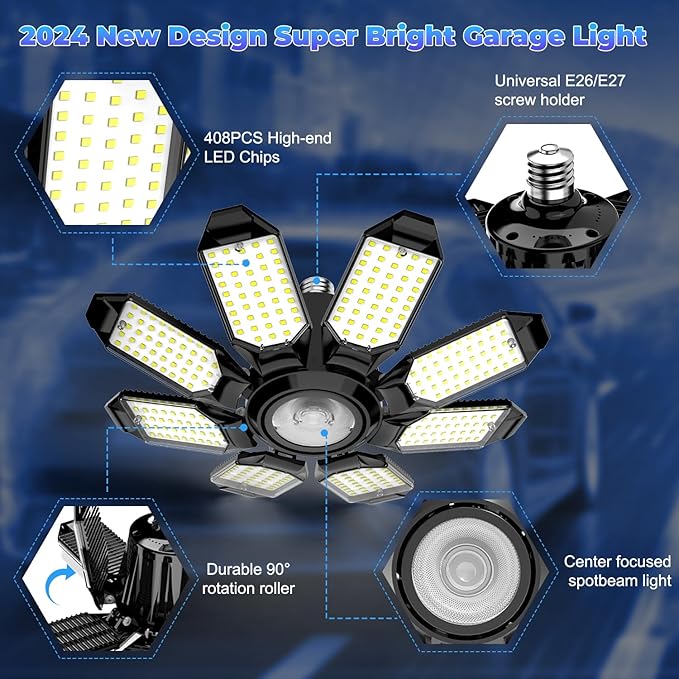 LED Garage Light - 2Pack Bright 50000LM Garage Lights Ceiling Led w/ 8 Deformable Panels 6500K Led Light Bulb Srew in E26/E27 Socket with Adjustable Center Spotlight for Barn Workshop Attic