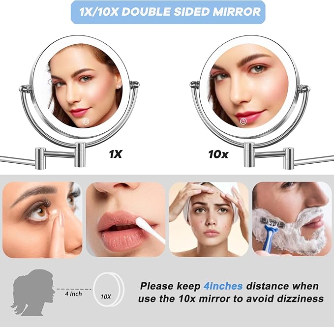 Wall Mounted Makeup Mirror with Lights and 10X Magnification, 8 Inches Rechargeable Double Sided Magnifying, Touch Dimmable Extended Arm 360 Rotation, Foldable Vanity Mirror for Bathroom