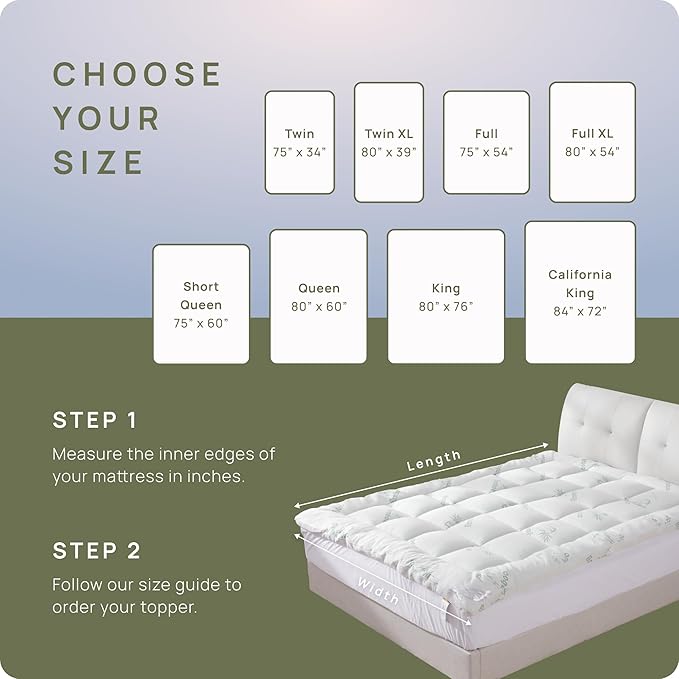 Cooling Mattress Topper - Short Queen Size | Plush Pad Mattress Topper for Back Pain Relief, 8-21" Deep Pocket | Viscose Made from Bamboo Pillow Top | Camper Bed Essentials | 60 x 75 Inch