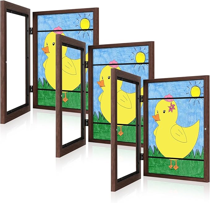 [3-Pack] Kids Art Frames, 8.5x11 Front Opening Kids Artwork Frames Changeable, Brown Artwork Display Storage Frame for Wall, Holds 50 Pcs, for 3D Picture, Crafts, Hanging Art, Portfolio