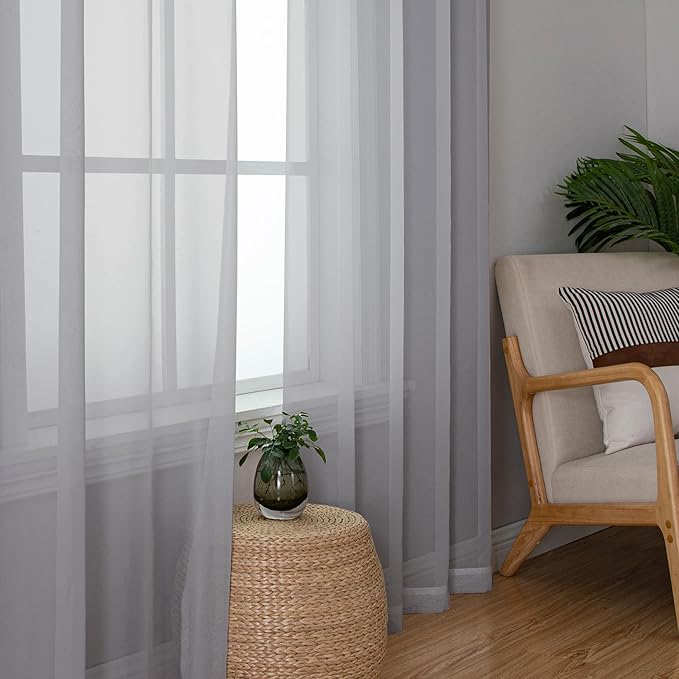 Chyhomenyc Light Grey Sheer Curtains 54 Inch Long 2 Panels, Light Filtering Rod Pocket Voile Short Curtains Drapes for Living Room Bedroom Small Windows, 42Wx54L Inches