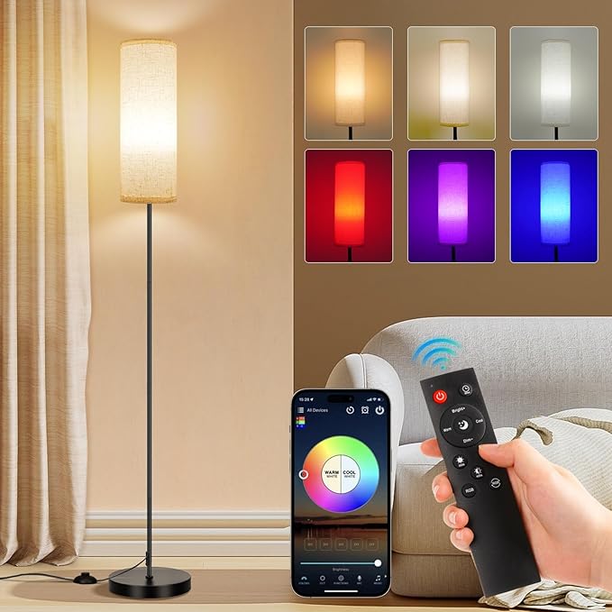 FRIDEKO HOME Floor Lamps for Living Room, Dimmable 3 Colors Temperature, Modern Corner Floor Lamp with Remote, Tall LED Standing Lamps for Kid Room Bedroom, Foot Switch, Beige Shade, 9W Smart Bulb