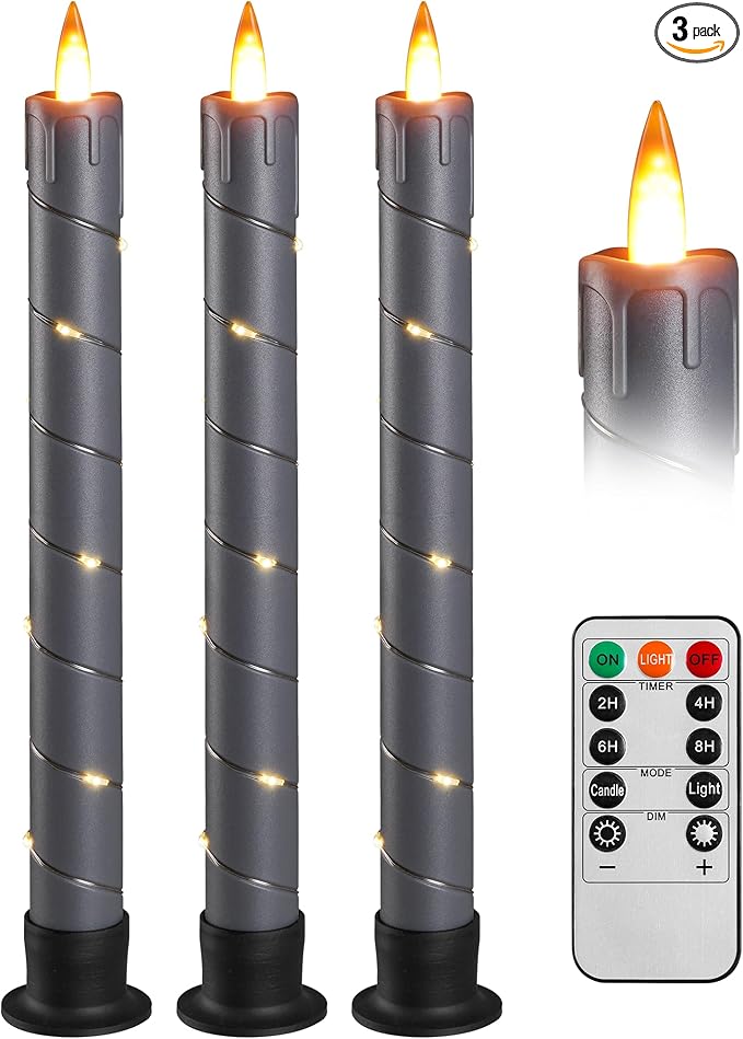 Da by 3 Pcs Flickering Flameless Battery Operated Taper Candle-Window Candles with Remote and Time-LED 3D Dynamic Flame-9.6 Inches for Wedding, Party,Home Decoration-Grey