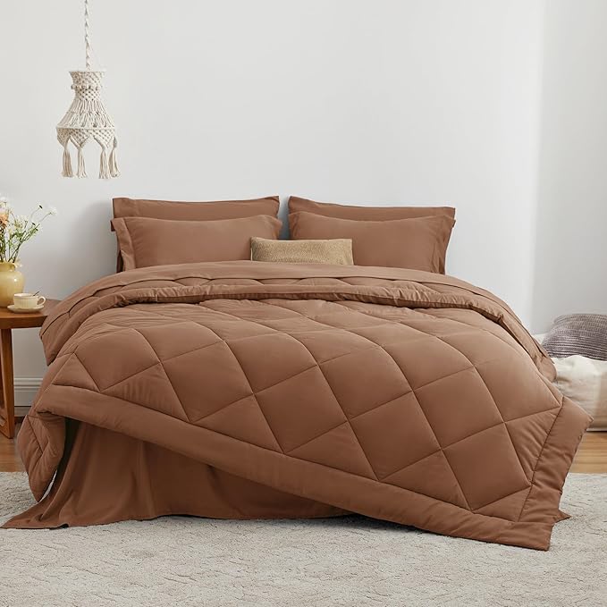 Love's cabin King Size Comforter Set Mocha Mousse, 7 Pieces King Bed in a Bag, All Season Bedding Sets with 1 Comforter, 1 Flat Sheet, 1 Fitted Sheet, 2 Pillowcase and 2 Pillow Sham