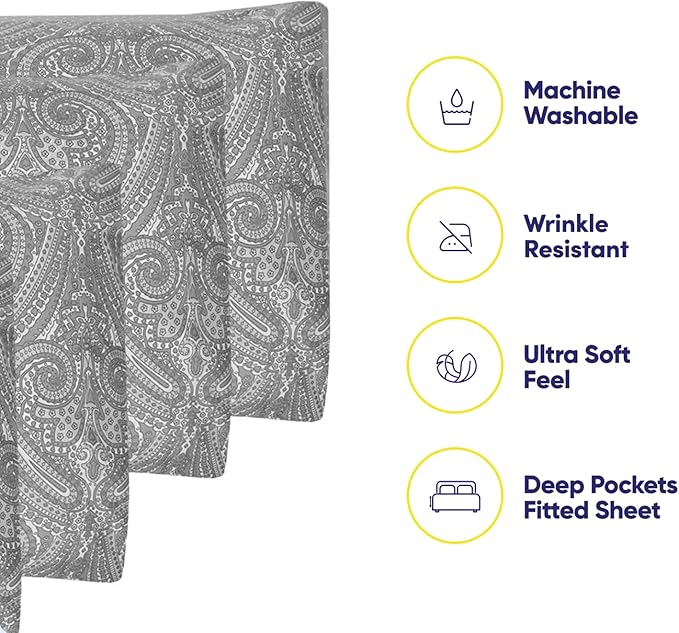 Full Size Bed Sheets - 6 Piece 1500 Supreme Collection Fine Brushed Microfiber Deep Pocket Full Sheet Set Bedding - 2 Extra Pillow Cases, Great Value, Full, Paisley Gray