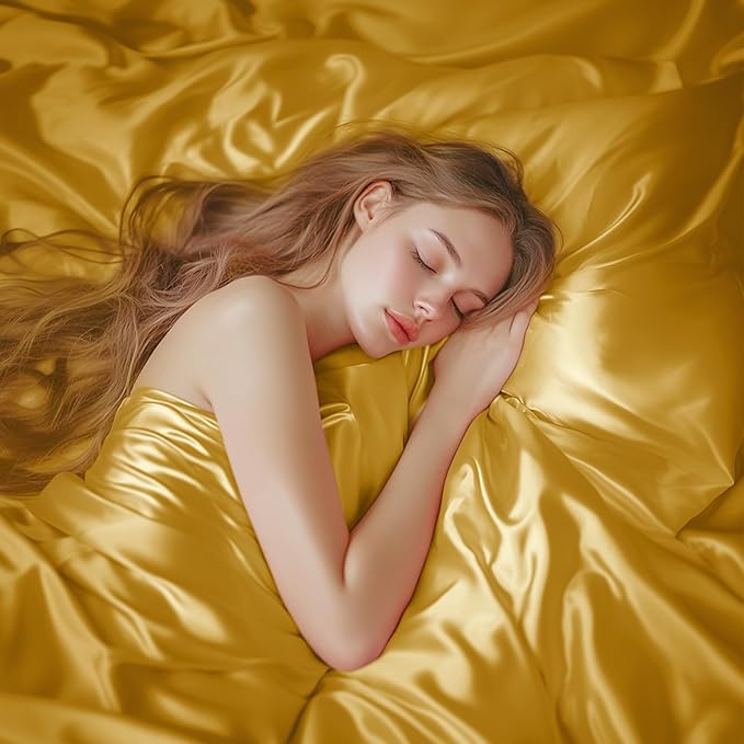Love's cabin Satin King Sheet Sets - 4 Piece Gold Silky Sheets King Size Bed with Deep Pocket, Luxury Silk Feel King Size Satin Sheet Set (1 Flat Sheet,1 Fitted Sheet,2 Pillow Cases)