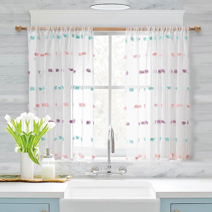 MYSKY HOME Kitchen Curtains - 45 Inch Long Small Rainbow Pom Pom White Boho Drapes for Bathroom, Cafe, Bedroom, Nursery & Girls Room - Rod Pocket - 2 Pieces - 37 x 45 Inch