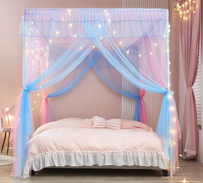 Mengersi Rainbow Canopy Bed Curtains with Lights -Bed Canopy for Girls - Bed Drapes Netting- Bedroom Decoration Accessories,California King