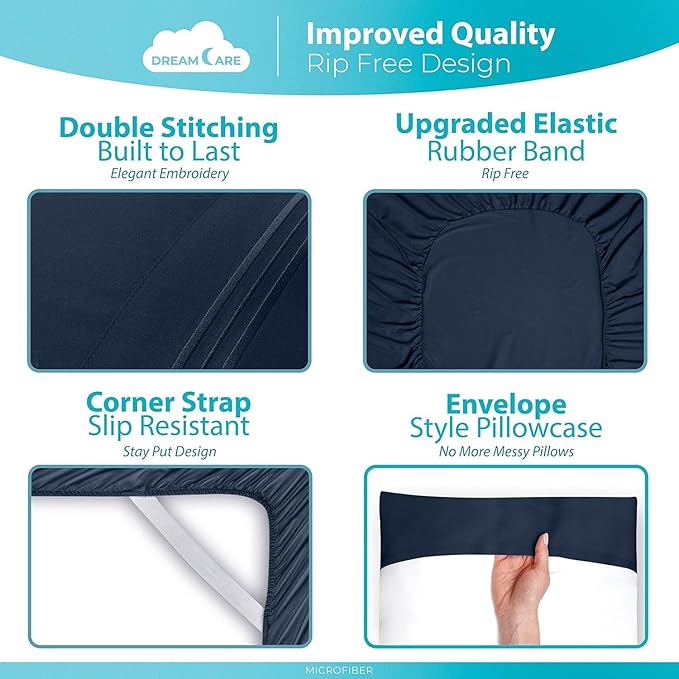 DREAMCARE Queen Sheet Set – 6 pcs Cooling Bed Sheets – up to 21” Deep Pocket Queen Sheets Set – 2500 Supreme Collection – Extra Soft 100% Brushed Microfiber Hotel Luxury with Side Pocket – N Blue