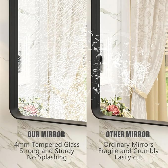 22x30 Inch Black Metal Framed Bathrrom Mirror for Wall, Matte Black Rectangle Mirror, Rounded Corner, Anti-Rust (Horizontal/Vertical)