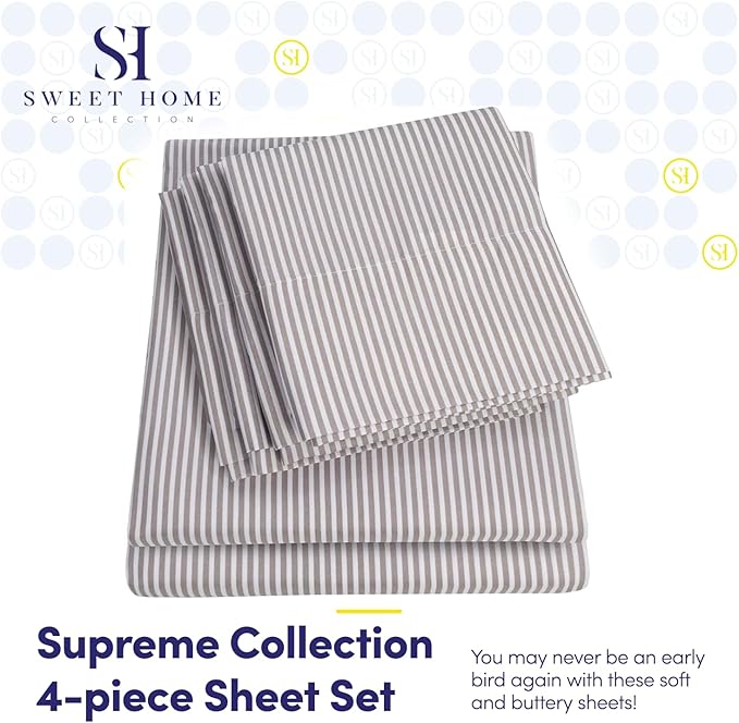 Twin Size Bed Sheets - 4 Piece 1500 Supreme Collection Fine Brushed Microfiber Deep Pocket Twin Sheet Set Bedding - 1 EXTRA PILLOW CASES, GREAT VALUE, Twin, Classic Stripe Gray