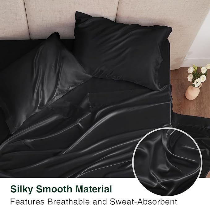 Love's cabin Twin Satin Sheets Sets - 3 Piece Black Silky Bed Sheets with Deep Pockets, Luxury Silk Feel Satin Twin Size Sheet Set Bedding Set (1 Flat Sheet,1 Fitted Sheet,1 Pillow case)