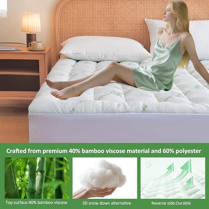Bioeartha Cooling Mattress Topper Full – Extra Soft Pillow Top Mattress Pad, Breathable Viscose Made from Bamboo Mattress Protector for Back Pain Relief, Deep Pocket Cover Fits 8–21 Inch