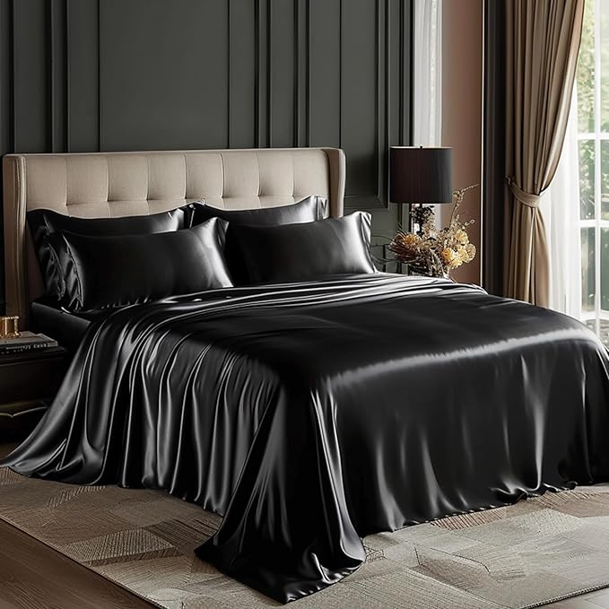 Love's cabin Satin King Sheet Sets - 4 Piece Black Silky Sheets King Size Bed Set with Deep Pocket, Luxury Silk Feel King Size Satin Sheet Set (1 Flat Sheet,1 Fitted Sheet,2 Pillow Cases)
