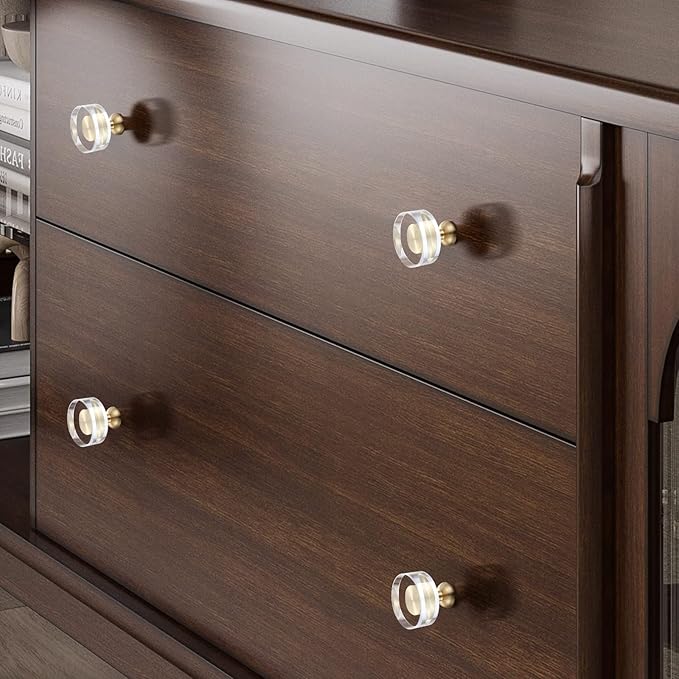 6-Pack 1-1/4-Inch White Cabinet Glass Crystal Brass knobs Brass Drawer Round Knobs Dresser Pulls, Gold Hardware Kitchen Closet knobs for Bifold Doors