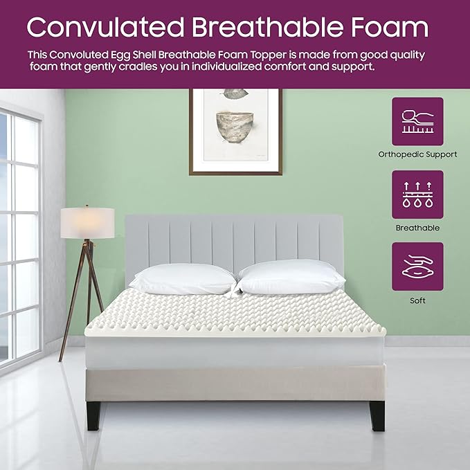 Mayton Convoluted Egg Shell 2-inch Breathable Foam Bed Topper | Makes Mattresses Comfortable and Relaxing, Provides Faster Pain Relief and Provides Orthopedic Beneficial Support, Queen, Off-White