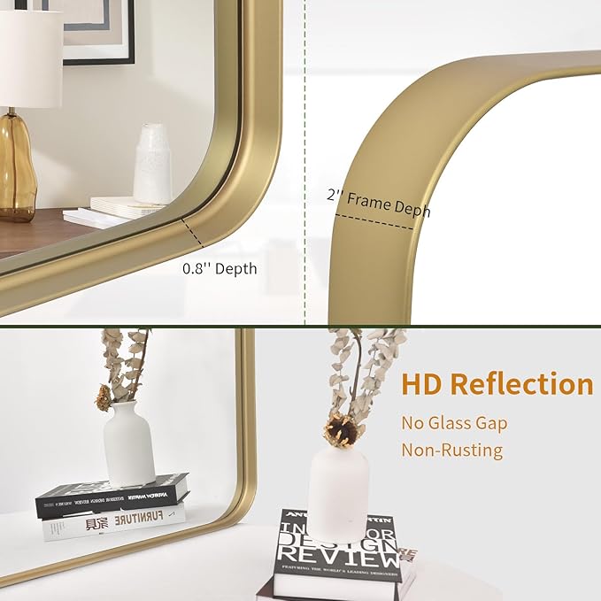 VooBang Bathroom Mirror 30x40 inch, Gold Gorgeous Deep Frame Wall Mirror, Modern Round Corner Bathroom Vanity Mirror for Bedroom, Living Room, Hanging or Leaning Horizontal or Vertical, Gold