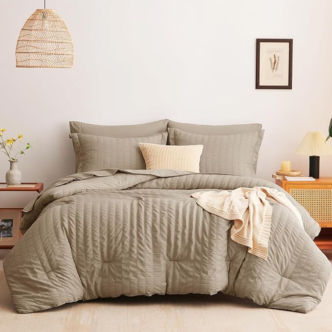 CozyLux King Size Comforter Set Taupe Seersucker 7 Pieces Bed in a Bag King Comforter Set with Sheets, Luxury Soft Bedding Set with Down Alternative Comforter, Sheets, Pillowcases & Shams All Seasons