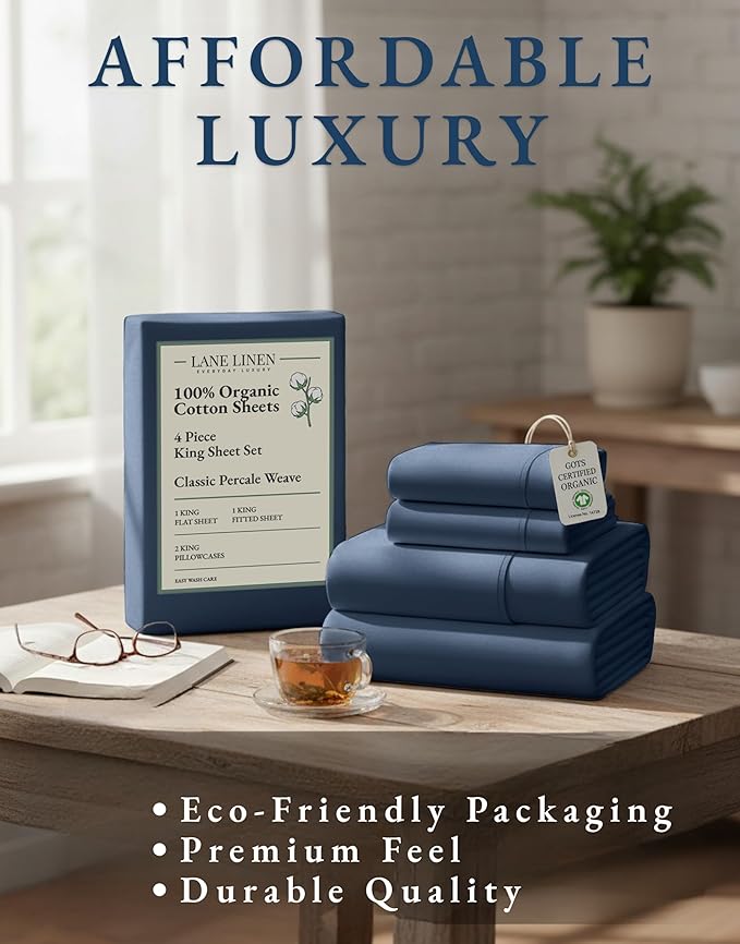 LANE LINEN 100% Organic Cotton Sheets for King Size Bed - Soft Percale Sheets, Breathable Luxury Hotel Style Machine Washable Fully Elasticized Mercerized 15" Deep Pocket King Sheet Set- Estate Blue