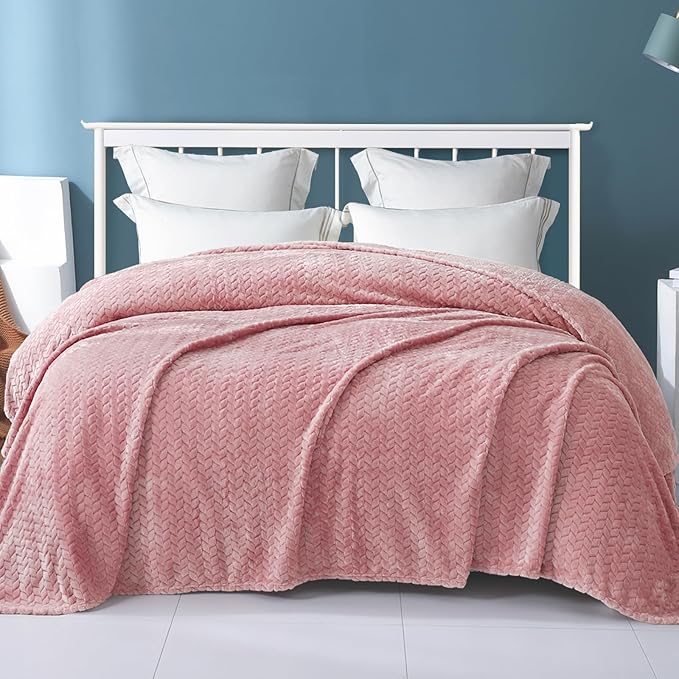 Exclusivo Mezcla Fleece Queen Size Blanket for Bed, 90x90 Inches Soft Cozy Jacquard Flannel Blankets, Lightweight Fuzzy Plush Warm for Winter, Pink